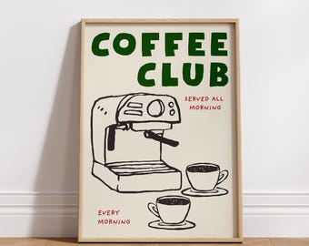Póster de cocina con diseño de club de café, arte mural retro para cocina, lámina de café verde imprimible, lámina de cocina dibujada a mano, regalo para amantes del café #57