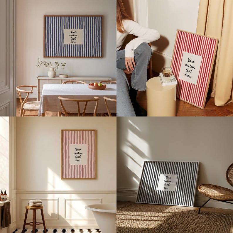 May include: Four framed art prints with vertical striped patterns in various colors: navy and white, red and white, pink and white, and black and white. Each print has a wooden frame and a white square with the text "Your custom text here."