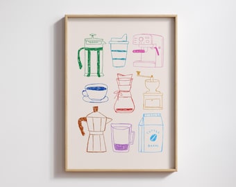 May include: A framed print featuring colorful, hand-drawn illustrations of coffee-making equipment. The artwork includes a French press, coffee cup, espresso machine, grinder, and a bag of coffee beans. The print has a beige background and a wooden frame.