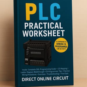 Op de afbeelding: Een turquoise boek getiteld "PLC Practical Worksheet" met gele en blauwe tekst. De omslag toont een zwarte PLC-module en de tekst "A Companion to Omron CX-Programmer Lab Activity". Extra tekst omvat programmeergids en probleemoplossing.