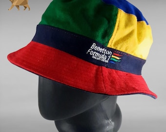 Sombrero de pescador vintage de Fórmula Uno de Benetton, años 90, estilo Panamá con rayas arcoíris de doble cara, recuerdo de carreras de la época de Schumacher, talla para adulto.