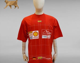Vintage Michael Schumacher Ferrari F1 Racing Anzug T-Shirt Tee OMP Shell DEKRA Herren 2XL