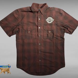 Harley-Davidson Motorcycles Short Sleeve Men&#39;s Cotton Brown Button Down Shirt Size Large - Biker Workwear