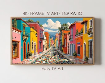 Mexican Frame TV Art, Vibrant Colorful Street with Houses, Digital Download for Samsung