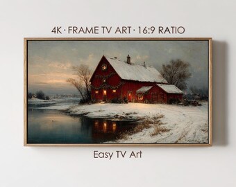Weihnachtsrahmen TV Kunst, rustikale rote Scheune Winterszene, digitaler Download für Samsung