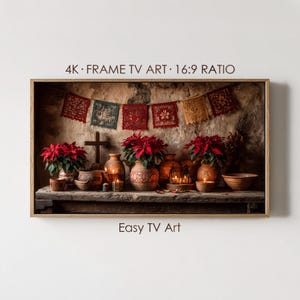 Könnte beinhalten: Ein gerahmtes digitales Kunstwerk mit einer rustikalen Altarszene. Rote Weihnachtsstern in gemusterten Vasen, Kerzen und Töpferwaren sind auf einem Holzregal angeordnet. Ein Banner aus ausgeschnittenen Papierflaggen hängt darüber, mit dem Text "4K FRAME TV ART 16:9 RATIO" und "Easy TV Art".
