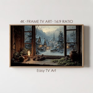 May include: A framed digital art print for a 4K TV, depicting a winter village scene viewed through a window. The artwork features a warm interior with a lit candle and a snowy exterior with houses and a church. Text on the image reads "4K • FRAME TV ART • 16:9 RATIO" and "Easy TV Art."