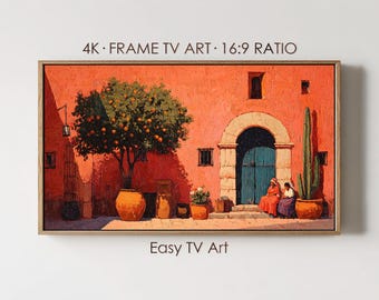 Mexican Frame TV Art, Colorful Colonial Street with Orange Tree, Digital Download for Samsung