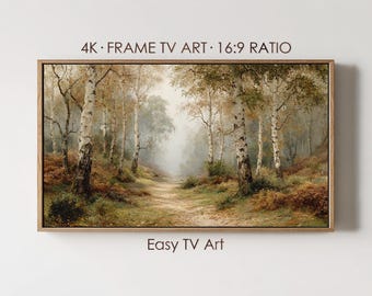 Arte de TV con marco otoñal, sendero forestal de abedules brumosos, descarga digital para Samsung