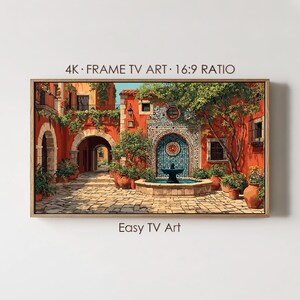 Mexican Frame TV Art, Sunny Courtyard with Tile Fountain and Arches, Digital Download for Samsung