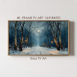 May include: A framed digital art print for a 4K TV. The artwork depicts a snowy forest scene at night, with a road leading into the distance. The text "4K FRAME TV ART 16:9 RATIO" and "Easy TV Art" are visible.