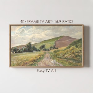 Pode incluir: Pintura de paisagem emoldurada com um caminho de terra serpenteando por colinas verdes e marrons. A obra de arte é rotulada como "4K FRAME TV ART 16:9 RATIO" e "Easy TV Art."
