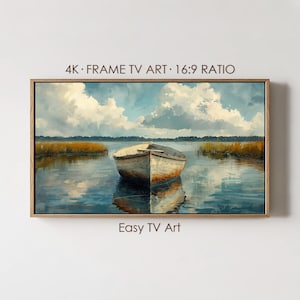 Coastal Frame TV Art, Rustic Boat on Calm Lake Painting, Digital Download for Samsung