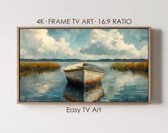 Coastal Frame TV Art, Rustic Boat on Calm Lake Painting, Digital Download for Samsung