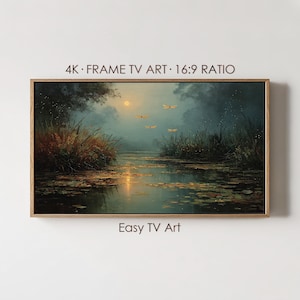 May include: A framed landscape painting of a tranquil marsh scene. The artwork features a moonlit sky, with dragonflies in flight over the water. The text "4K FRAME TV ART 16:9 RATIO" and "Easy TV Art" are visible.
