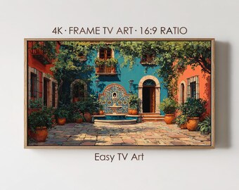 Mexican Frame TV Art, Colorful Courtyard with Fountain and Clay Pots, Digital Download for Samsung