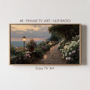 May include: A framed digital art print showing a pathway with flowers and lampposts, leading to the sea. The artwork is labelled "4K FRAME TV ART 16:9 RATIO" and "Easy TV Art". The colour palette features warm tones.