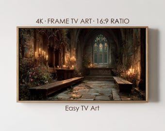 Gothic Cathedral Frame TV Art, Candlelit Chapel with Stained Glass, Digital Download for Samsung