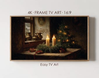 May include: A digital artwork titled 4K FRAME TV ART 16:9 and Easy TV Art, depicting a dark, moody interior scene with two lit candles, a pine wreath, wrapped gifts, and a small Christmas tree on a wooden table near a window with metal pots.