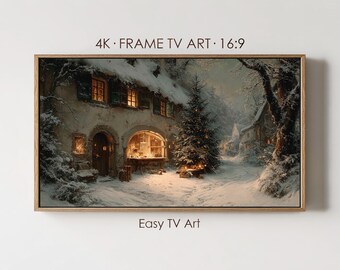May include: A rectangular framed digital print titled 4K FRAME TV ART 16:9, displaying a snowy winter scene with a rustic cottage, a lit Christmas tree, and warm golden light glowing from the windows, all set within a wooden frame.