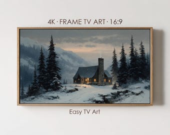 May include: A digital landscape print in a wooden frame featuring a cabin in a snowy mountain setting with tall pine trees and a stone chimney. The text 4K FRAME TV ART 16:9 and Easy TV Art is visible above and below the framed artwork.