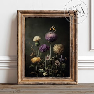 Bee and Thistle Printable Wall Art, Moody Botanical Floral Insect Print, Vintage Digital Download