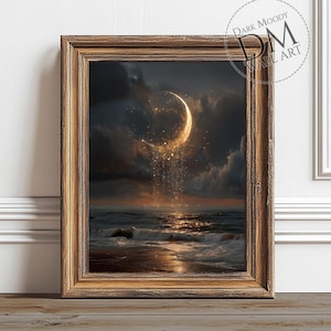 Stampa murale stampabile con luna crescente e oceano, stampa di un paesaggio marino con cielo notturno celeste e malinconico, download digitale vintage
