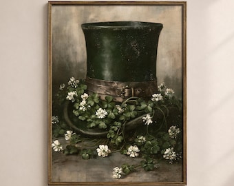 Leprechaunkonst, St Patrick's Day-hattmålning, Vintage irländsk klövertryck, utskrivbar digital väggkonst