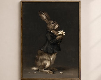 Dark Whimsical Art, Dressed Hare with White Flowers Painting, Victorian Rabbit Print, Printable Digital Wall Art