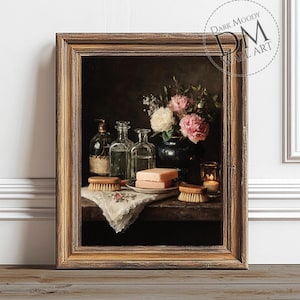 Bathroom Still Life Printable Wall Art, Floral Vanity with Soap & Candle, Vintage Digital Download