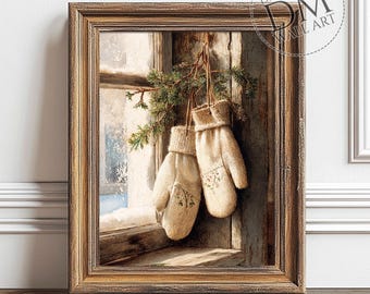 Vintage Christmas Mittens Printable Wall Art, Rustic Winter Window Decor Print, Vintage Digital Download