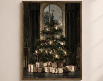May include: A framed wall art print depicting a dark, moody room with a tall Christmas tree centered in front of an arched window. The tree is decorated with warm glowing lights and dark ribbons. Several wrapped gift boxes sit on the floor.