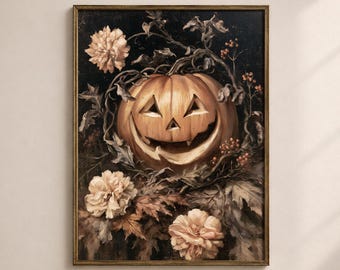 May include: A framed vertical wall art print featuring a carved orange jack-o'-lantern pumpkin with a wide, toothy grin. The pumpkin is surrounded by dark, tangled vines, small red berries, and large, pale, ruffled flowers against a black background.