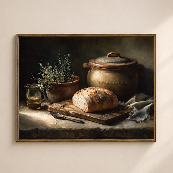 Italian Rustic Kitchen Printable Wall Art, Moody Bread & Olive Oil Food Print, Vintage Digital Download