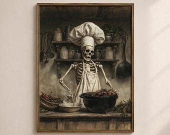 Skeleton Printable Art, Chef Skeleton Kitchen Painting, Macabre Wall Decor, Gothic Digital Download