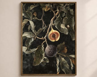 May include: A framed botanical wall art print featuring a dark, moody background with a fig tree branch. The branch displays several green leaves and two figs, one whole and dark purple, and one sliced open to reveal a golden, seeded interior.