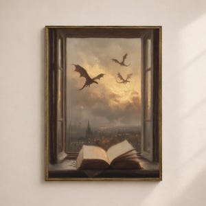 Lámina decorativa para pared con diseño de dragón volador, ventana con libro abierto, ciudad al atardecer, estilo fantasía, decoración de salón estilo academia oscura