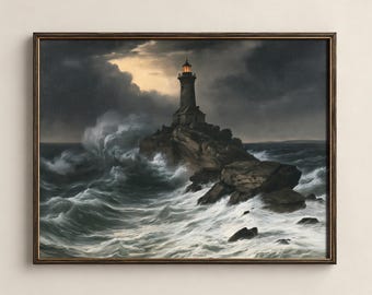 May include: A framed landscape painting depicting a stone lighthouse perched on a rocky outcrop amidst a turbulent, dark ocean. The scene features crashing white waves, a stormy grey sky, and a warm, glowing light emanating from the lighthouse lantern.