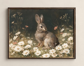 Bunny Art Printable, Vintage Rabbit Painting, Dark Cottagecore Wall Art, Floral Animal Print