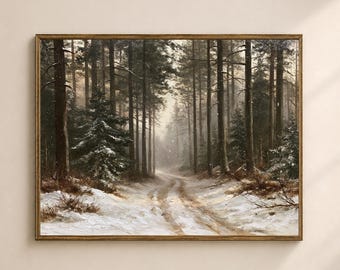 May include: A rectangular framed wall art print depicting a winter forest scene with tall pine trees, a snow-covered path winding through the centre, and light snowfall. The colour palette features deep browns, dark greens, and muted white tones.