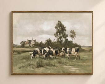 Farmhouse Digital Art, Cattle Painting, Rustic Country Landscape Printable Wall Art