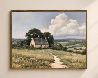 May include: A landscape painting in a wooden frame depicting a small cottage with a gray roof situated in a grassy field. A dirt path leads toward the house, surrounded by trees, wildflowers, and a vast blue sky with large, white, fluffy clouds.