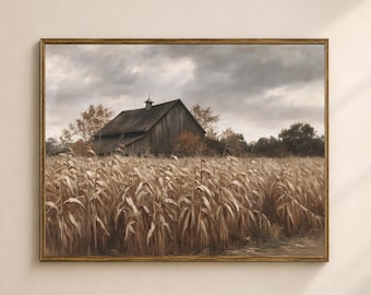 Fall Barn Print, Cornfield Harvest Painting, Printable Digital Rustic Farm Art Wall Art
