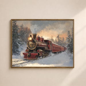 May include: A framed painting of a vintage red and gold steam train traveling through a snowy forest. The train's headlight is illuminated, and smoke rises from the smokestack. The artwork has a warm, nostalgic feel.