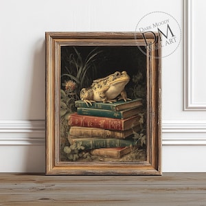 Frog on Antique Books, Printable Dark Moody Wall Art, Whimsical Academic Animal Print, Digital Download