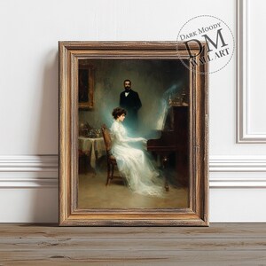 Victorian Ghost Woman at Piano, Printable Dark Moody Wall Art, Gothic Spirit Portrait Print, Digital Download