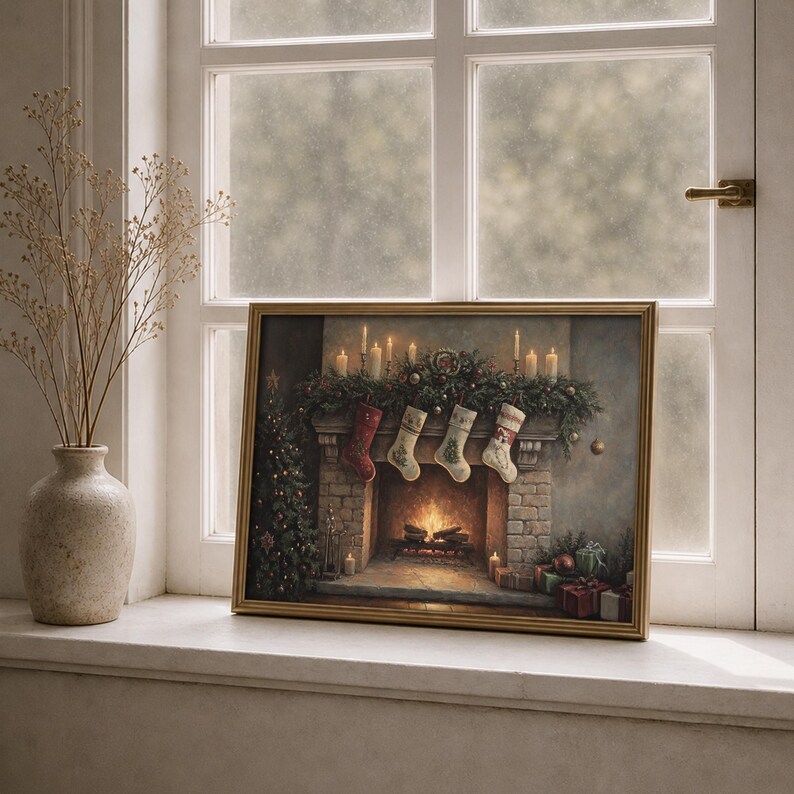May include: A framed painting depicts a cozy Christmas scene. A fireplace with lit candles, stockings, and a decorated mantel is the focal point. Presents and a Christmas tree are also visible, creating a warm, festive atmosphere. The frame is gold.
