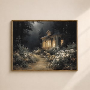 May include: A framed painting depicts a house with lit windows nestled in a dark forest. A path leads to the house, surrounded by white and yellow flowers. The artwork has a vintage, romantic feel.