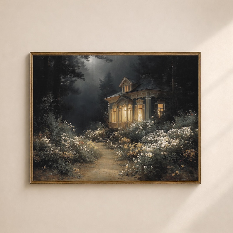 May include: A framed painting depicts a house with lit windows nestled in a dark forest. A path leads to the house, surrounded by white and yellow flowers. The artwork has a vintage, romantic feel.