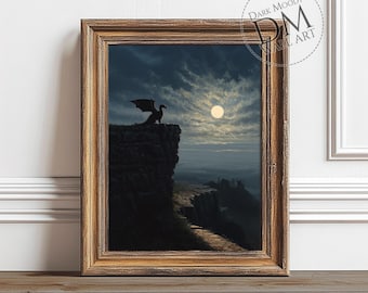 Dark Gothic Dragon Wall Art Printable, Fantasy Moon Castle Decor, Digital Download
